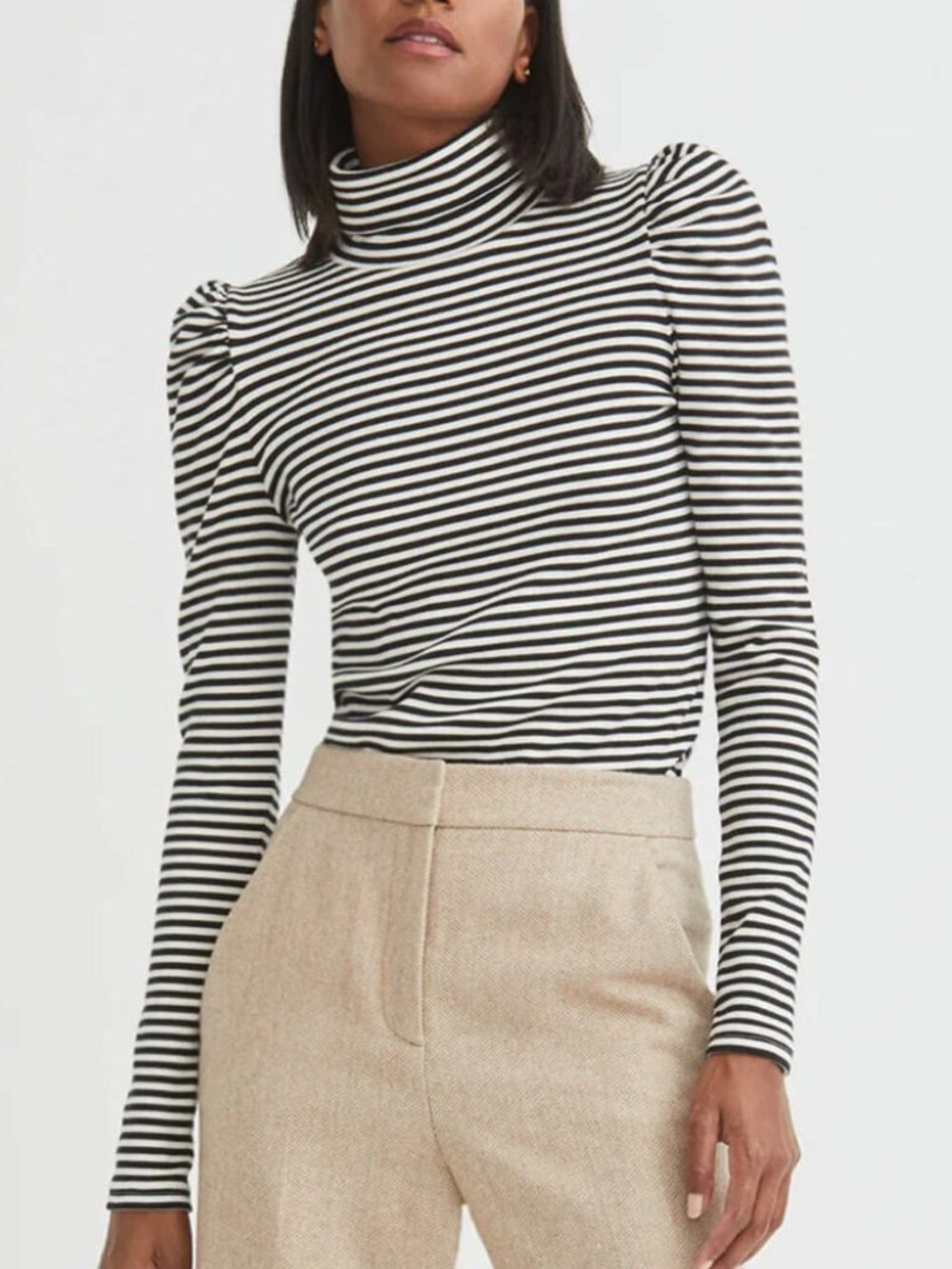 Veronica Beard Cedar Turtleneck Black & White Striped Puff Shoulder Sz XS